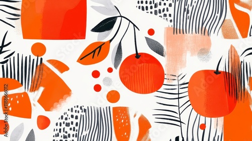 Stunning Abstract Fruit and Leaf Pattern, Vibrant Orange and Black Geometric Design for Home Decor. Modern and Stylish Abstract Art Print