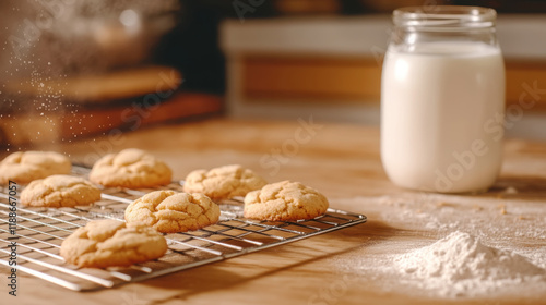 Cozy kitchen ambiance with freshly baked cookies and flour dusting for culinary inspiration photo