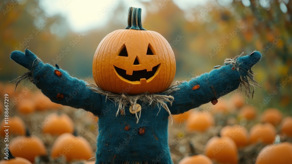 Naklejka premium Harvest festival scarecrow in pumpkin patch autumn landscape photography outdoor cheerful concept