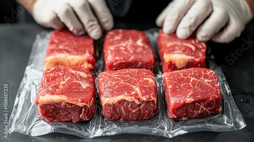 Optimizing Storage for Food Safety and Quality Assurance concept. Raw marbled beef steaks prepared for cooking or grilling. photo