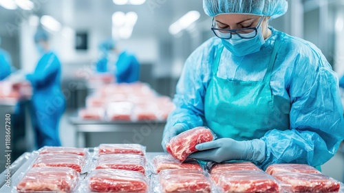 Optimizing Storage for Food Safety and Quality Assurance concept. Worker packaging fresh meat in a hygienic food processing facility.