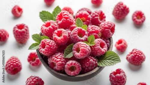 Fresh ripe raspberries on clean white background