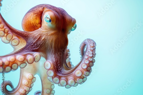 Vibrant octopus close up view. Colorful cephalopod in aquatic environment. Marine creature with tentacles. Underwater animal in ocean. Details of skin texture. Nature photo. Ocean exploration. Coral photo