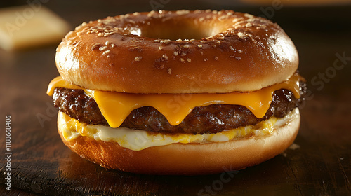 Bagel breakfast sandwich with sausage, egg, and melted cheese