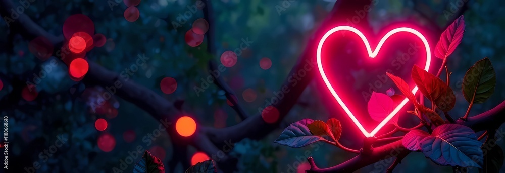 Valentine's Day. Neon Heart Sign with String Lights on Dark Background. Modern background for greetings Valentine's Day. Neon Heart Sign with String Lights on Dark Background. Modern background for greetings