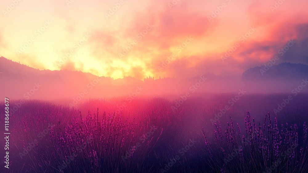 Fototapeta premium Misty Lavender Field Sunrise: A Serene Landscape