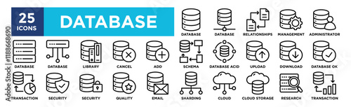 Database icon collection set. Containing design,  Database, Database Relationships, Database Management, Database Administrator