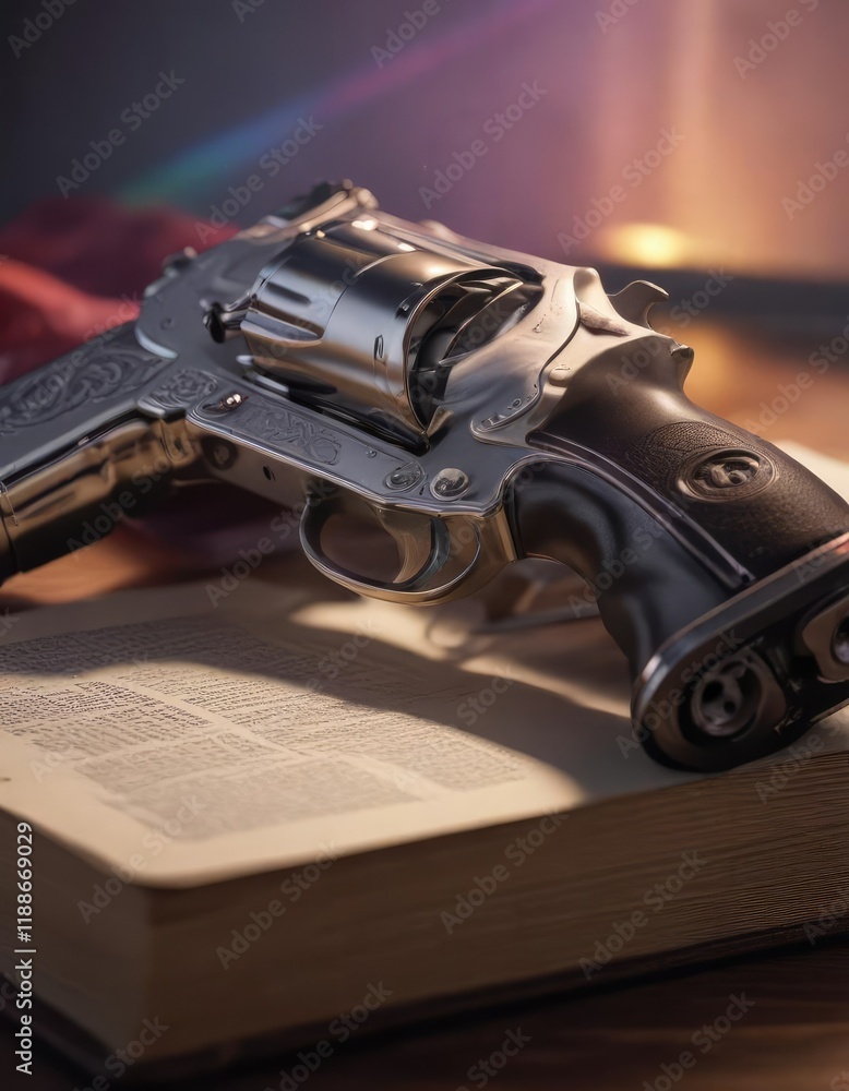 Obraz premium A nickel plated revolver on top of an open bible in a subtle rainbow glow , metallic finish, subtle rainbow glow