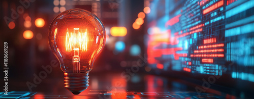 Glowing vintage-style light bulb in a futuristic digital environment, with illuminated red filament and abstract blue code patterns on the blurred background.
