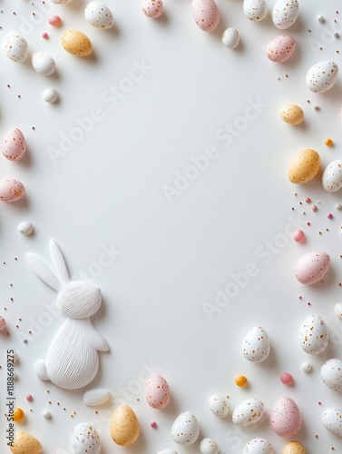 Minimalist Easter Layout Featuring Colorful Eggs and a Bunny Framed by a Soft White Border for Seasonal Celebrations and Festive Decorations