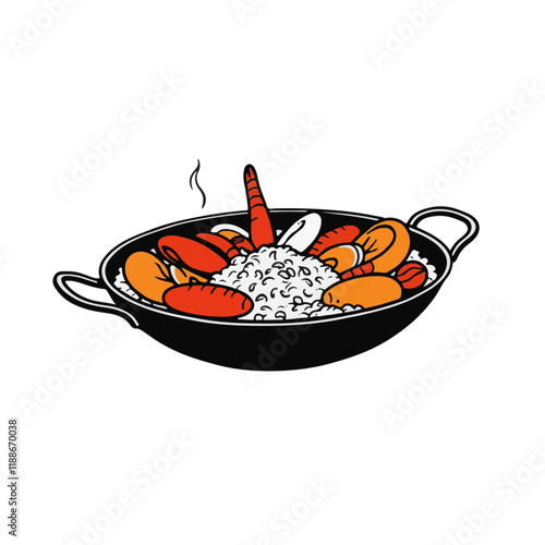 Spanish Paella Pan with Seafood and Rice – A Vibrant and Flavorful Dish Black Outline Vector Illustration