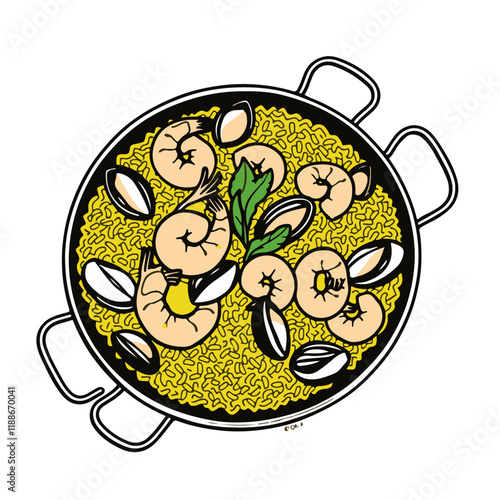 Spanish Paella with Shrimp, Mussels, and Saffron Rice – A Vibrant and Aromatic Dish Black Outline Vector Illustration