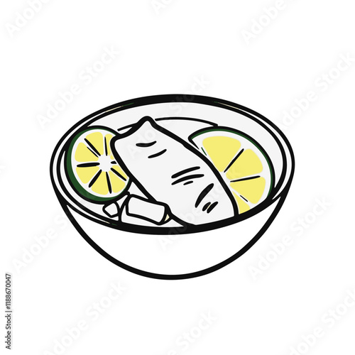Peruvian Ceviche Bowl with Fish and Lime – A Fresh and Zesty Appetizer Black Outline Vector Illustration