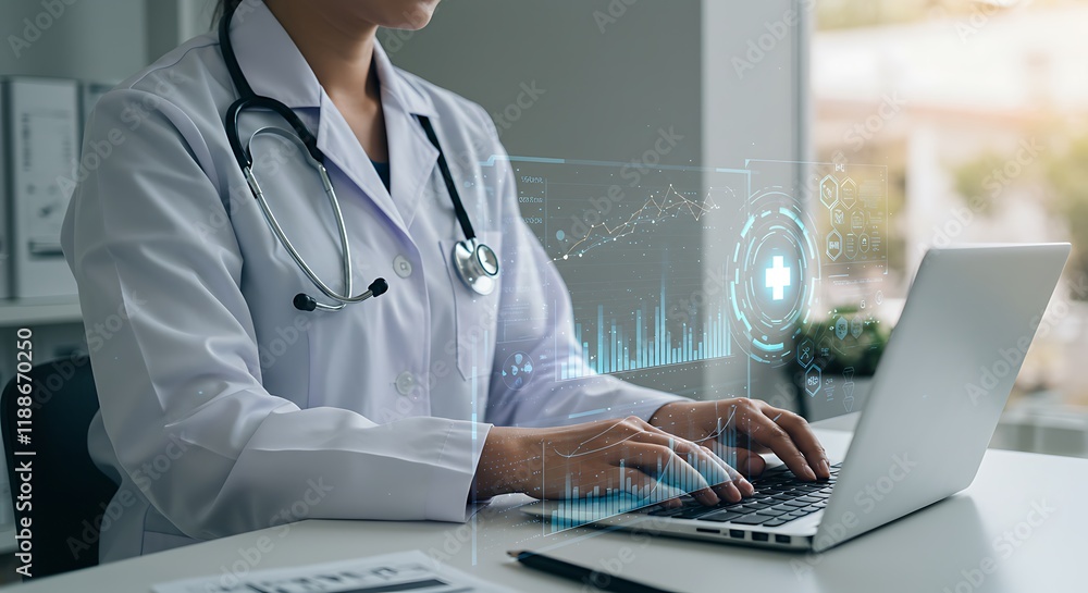 A doctor in a white coat using a laptop with a stock market chart and a digital screen background
A doctor in a white coat using a laptop with a stock market chart and a digital screen background