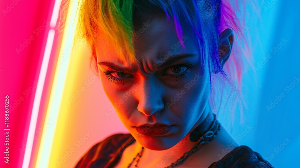 Fototapeta premium A young woman with vibrant rainbow-colored hair glares intensely at the camera, with a dazzling rainbow-colored neon light illuminating the background