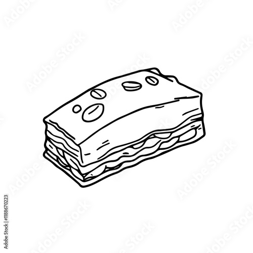 Turkish Baklava Piece with Layered Pastry and Nuts – A Sweet and Nutty Dessert Black Outline Vector Illustration