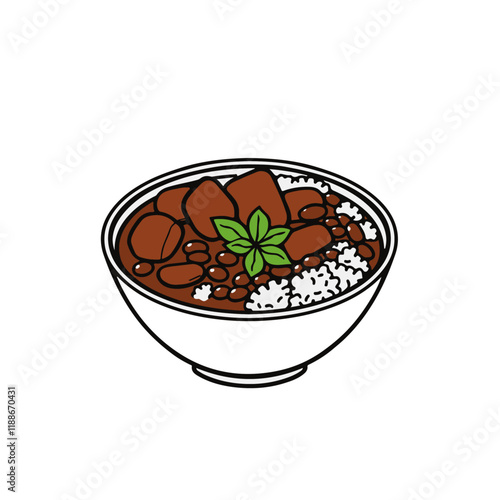 Brazilian Feijoada Bowl with Beans, Pork, and Rice – A Rich and Hearty Dish Black Outline Vector Illustration