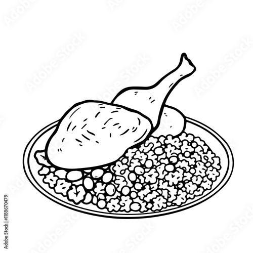Caribbean Jerk Chicken Plate with Rice and Beans – A Spicy and Tropical Dish Black Outline Vector Illustration