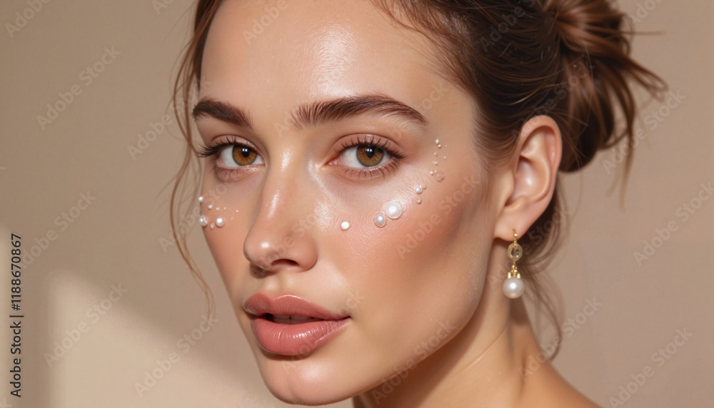 Naklejka premium Radiant young woman displaying high-end rococo makeup with pearls, elegance
