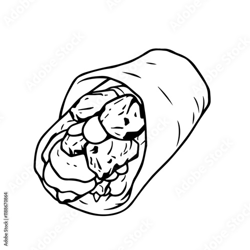 Greek Gyro Wrap with Lamb and Tzatziki – A Delicious and Filling Snack Black Outline Vector Illustration