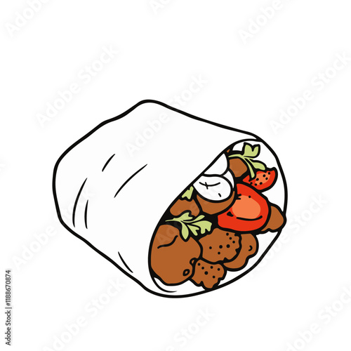 Greek Gyro Wrap with Meat, Tomatoes, and Tzatziki Sauce – A Savory Mediterranean Delight Black Outline Vector Illustration