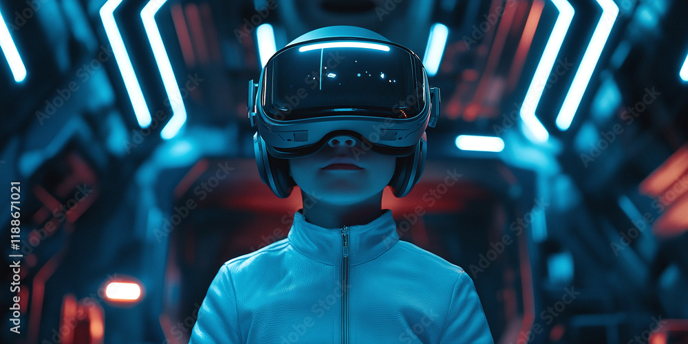Close-up of a child wearing a glowing virtual reality headset in a dark, futuristic room, engaged in an immersive digital experience. Close-up of a child wearing a glowing virtual reality headset in a dark, futuristic room, engaged in an immersive digital experience.