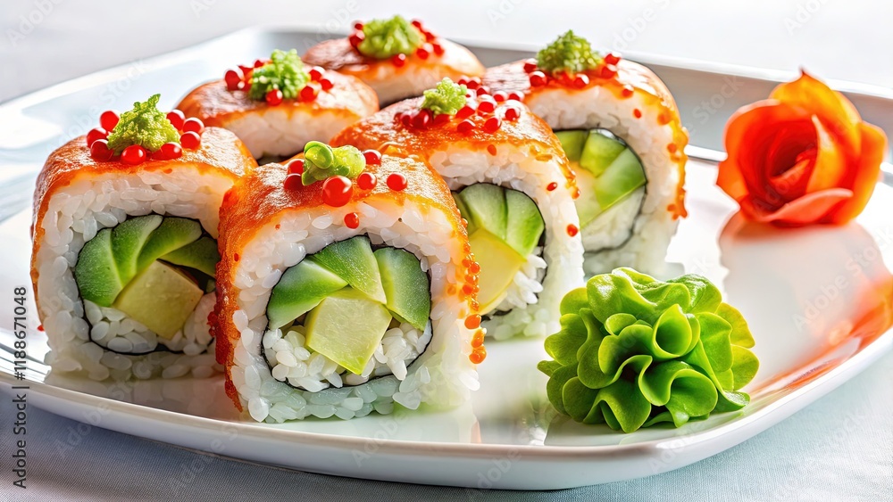 Double Exposure Sushi Platter: California Rolls, Tobiko, Avocado, Seafood Delights Double Exposure Sushi Platter: California Rolls, Tobiko, Avocado, Seafood Delights