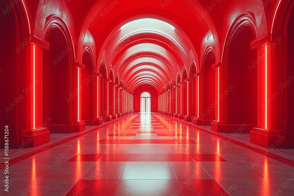 Obraz premium Minimalist red hallway with lights and geometric shapes, 3D rendering, high-resolution photography.