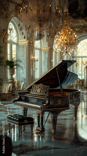 Piano in a luxurious ball room with bells hanging from the ceiling photo