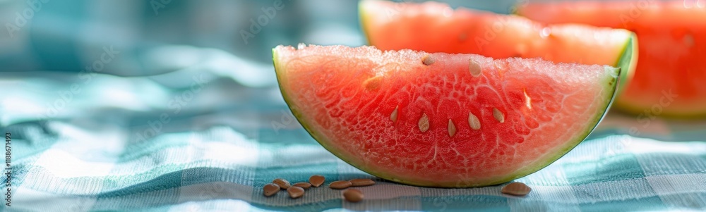 Slice of watermelon on a table with seeds, banner, copy space, food background