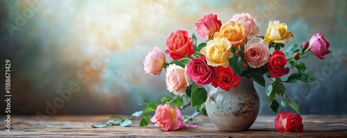 A beautifully arranged collection of colorful roses in a vintage-style ceramic vase, positioned on a rustic wooden table with natural light softly illuminating the scene. The petalsâ€™ rich colors sta photo