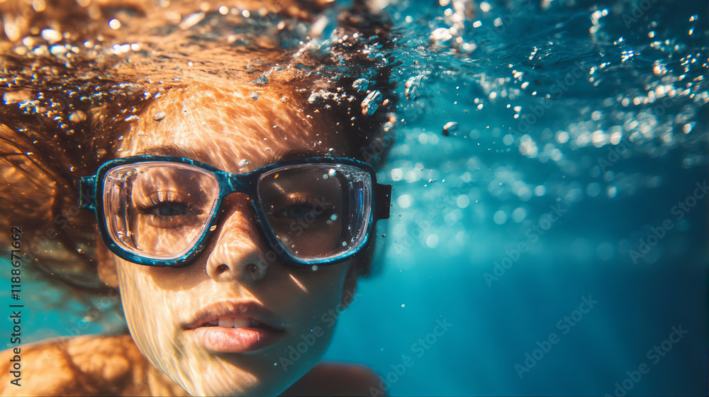 Fototapeta premium Person wesring glasses in swimming pool. Underwater swimming hobbies and leisure vacation diving sport experience 