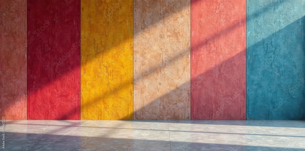 Fototapeta premium Textured concrete floor, geometric wall panels, simple, minimal