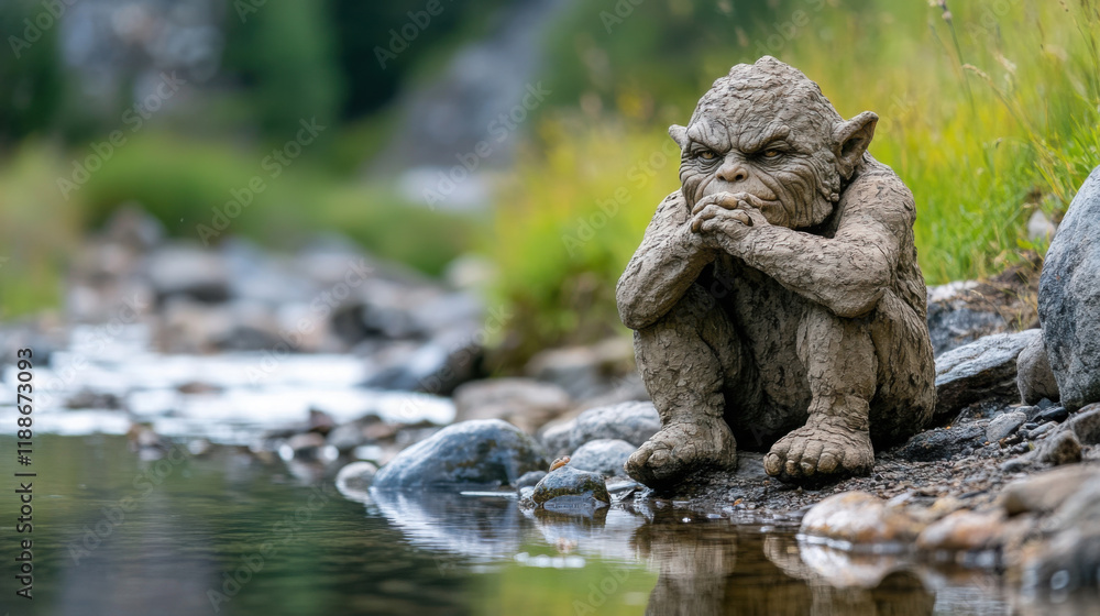 Mystical troll by a tranquil river in enchanted forest setting Mystical troll by a tranquil river in enchanted forest setting