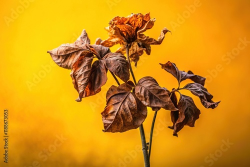 Withered Plant Against Yellow Background - Dramatic Stock Photo photo