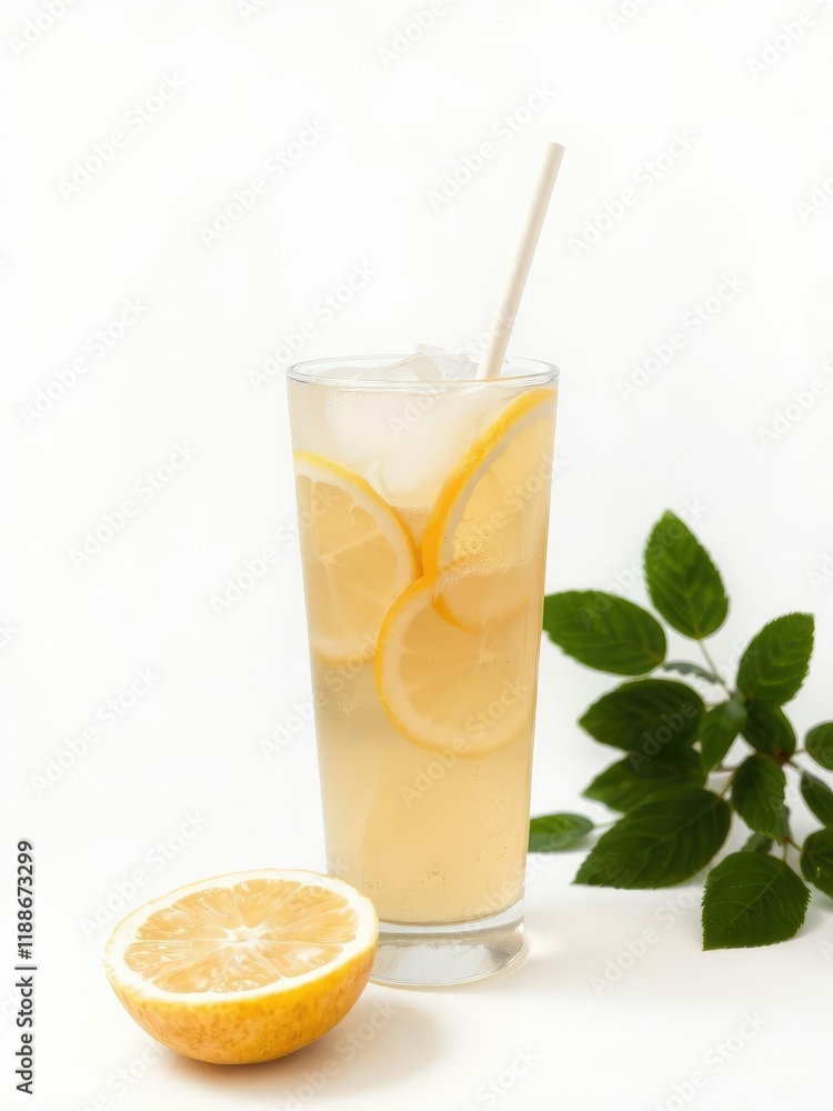 A refreshing glass of iced tea with lemon slices isolated on a white background, drink, refreshing A refreshing glass of iced tea with lemon slices isolated on a white background, drink, refreshing