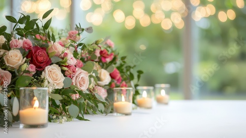 A table with a vase of flowers and candles