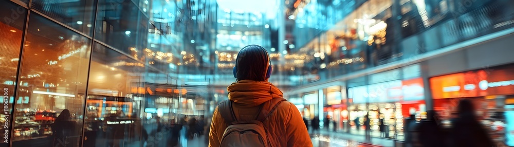 A young person stands in awe within a modern urban environment, surrounded by vivid lights and bustling activity, encapsulating the essence of contemporary city life and exploratio A young person stands in awe within a modern urban environment, surrounded by vivid lights and bustling activity, encapsulating the essence of contemporary city life and exploratio