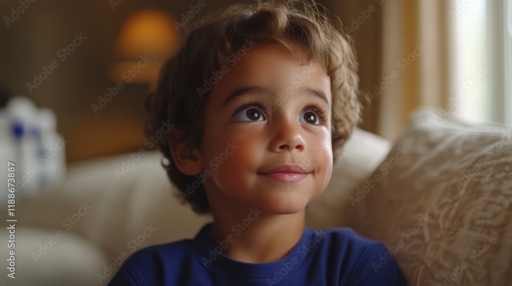 A curious young boy with curly brown hair sits on a couch, looking upward with a thoughtful expression.