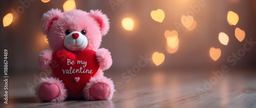 Wallpaper Mural Pink teddy bear holding red heart with "be my valentine" text on blurred background with lights. Torontodigital.ca