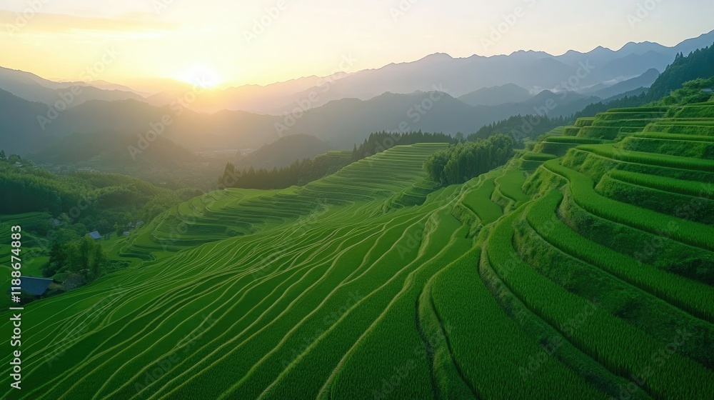 Panoramic top view of Japanese rice terraces Panoramic top view of Japanese rice terraces