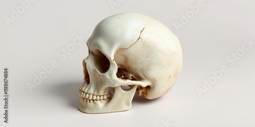 A solitary skull with a smooth, pale surface and no visible mouth, voided face, skeletal remains