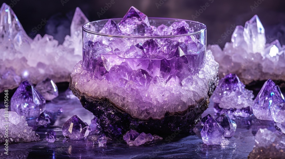A beautiful amethyst geode with a glass filled with purple liquid, surrounded by smaller crystal pieces, elegantly reflecting light to showcase a unique cocktail experience. A beautiful amethyst geode with a glass filled with purple liquid, surrounded by smaller crystal pieces, elegantly reflecting light to showcase a unique cocktail experience.