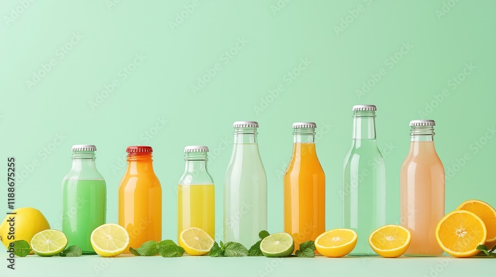 Colorful beverage bottles with citrus fruits. Refreshing display of various juices, drinks. Healthy thirst quenchers. Variety of colorful bottles. Summertime refreshments. Natural, organic fruit Colorful beverage bottles with citrus fruits. Refreshing display of various juices, drinks. Healthy thirst quenchers. Variety of colorful bottles. Summertime refreshments. Natural, organic fruit
