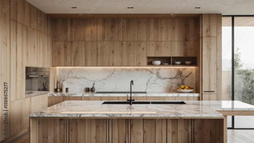 Minimalist wooden kitchen featuring spacious marble island Minimalist wooden kitchen featuring spacious marble island