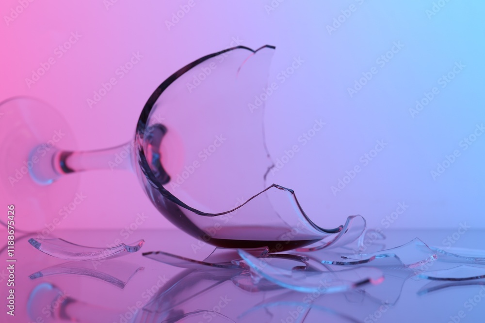 Pieces of broken glass with wine on table, closeup. Color tone effect Pieces of broken glass with wine on table, closeup. Color tone effect