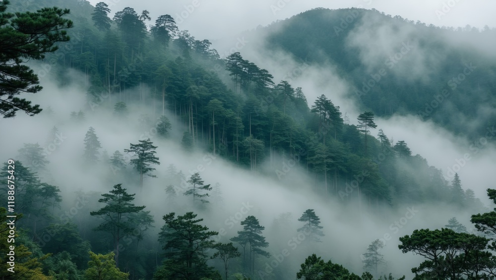 Fototapeta premium Misty pine forest on mountainside nature sanctuary