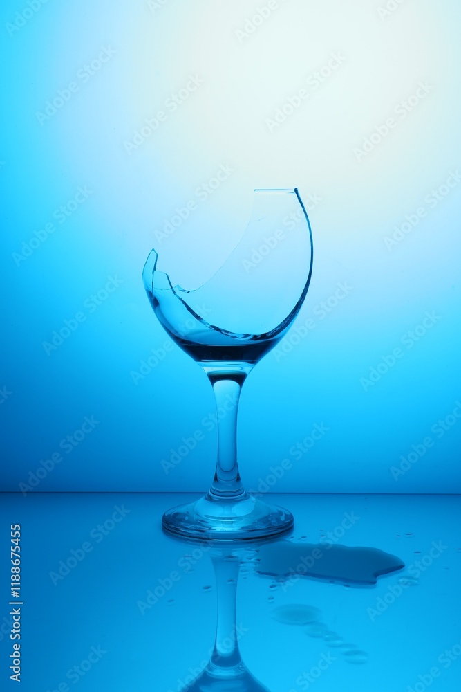 Obraz premium Broken glass with spilled wine against light blue gradient background