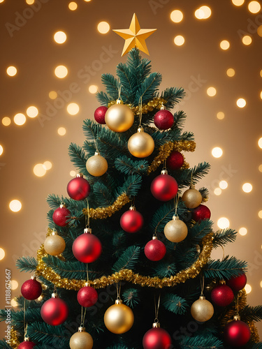 Chirstmas tree and lights and background. gold Red bobble decoration photo