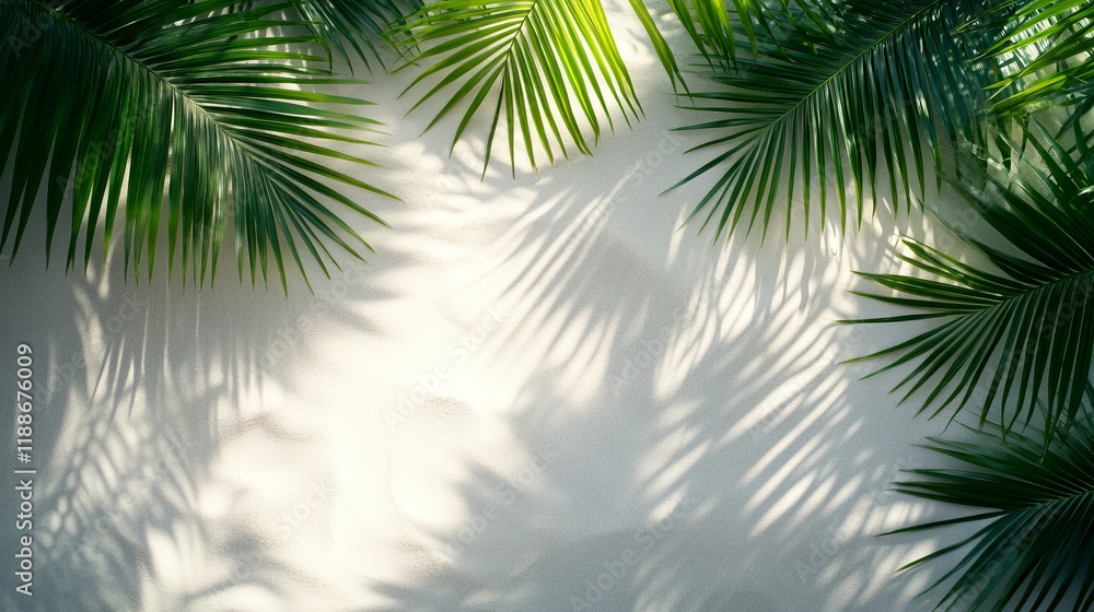 Obraz premium Tropical Palm Leaves Casting Shadows on a Textured White Wall creating a calming and inviting botanical aesthetic